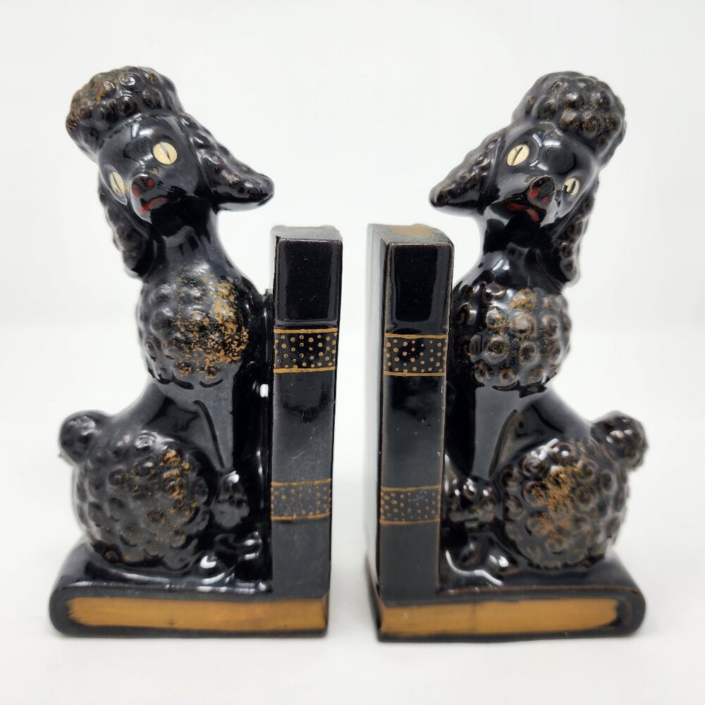Vtg MCM Japan Redware Ceramic 6" Black & Gold Poodle Dog Bookends Pen Holders - Picture 2 of 11